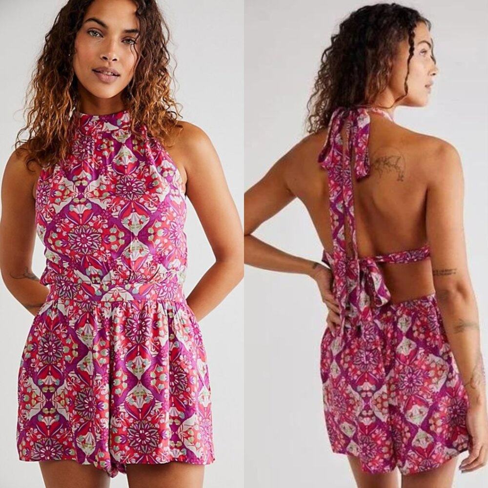 NEW Free People Coral Tides Romper Extra Small Pink Combo Coconut Girl Baddie